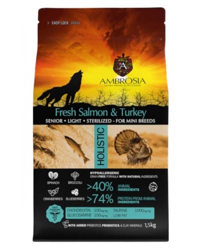AMBROSIA GRAIN FREE MINI SENIOR/ LIGHT/ STERILIZED TURKEY & SALMON 1,5KG	
