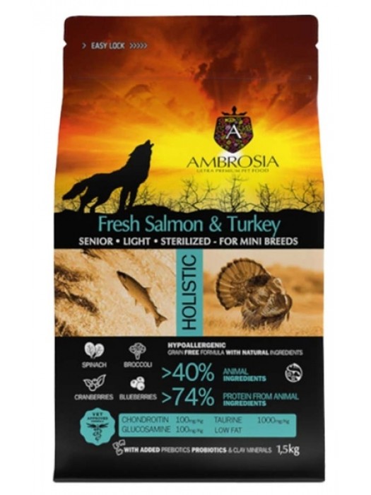AMBROSIA GRAIN FREE MINI SENIOR/ LIGHT/ STERILIZED TURKEY & SALMON 1,5KG	