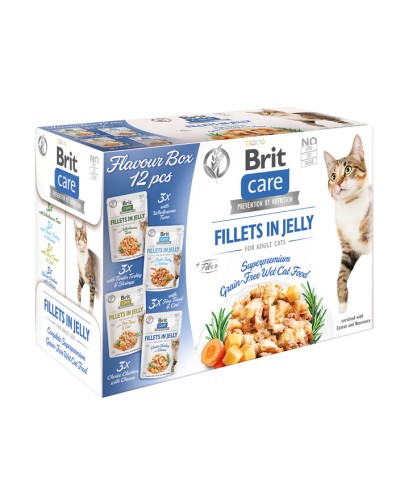 BRIT CARE POUCHES ADULT FILLETS IN JELLY FLAVOR BOX 12X85GR