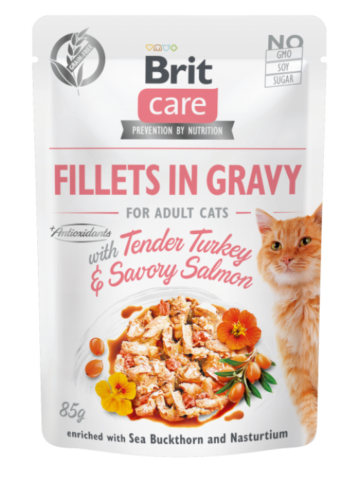 BRIT CARE POUCHES ADULT WITH TURKEY & SALMON IN GRAVY 85GR