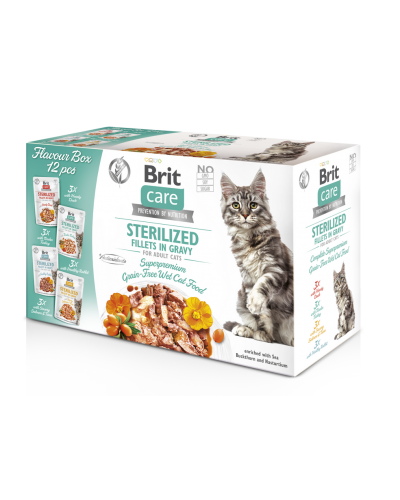 BRIT CARE POUCHES STERILISED FILLETS IN GRAVY FLAVOR BOX 12X85GR