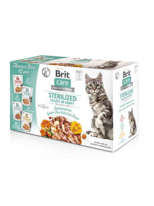 BRIT CARE POUCHES STERILISED FILLETS IN GRAVY FLAVOR BOX 12X85GR