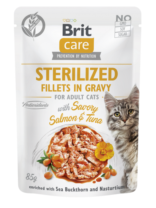 BRIT CARE POUCHES STERILISED WITH SALMON & TUNA IN GRAVY 85GR