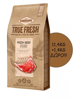 CARNILOVE TRUE FRESH ADULT BEEF 11,4KG + 1,4KG ΔΩΡΟ!!!	