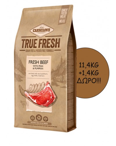 CARNILOVE TRUE FRESH ADULT BEEF 11,4KG + 1,4KG ΔΩΡΟ!!!	