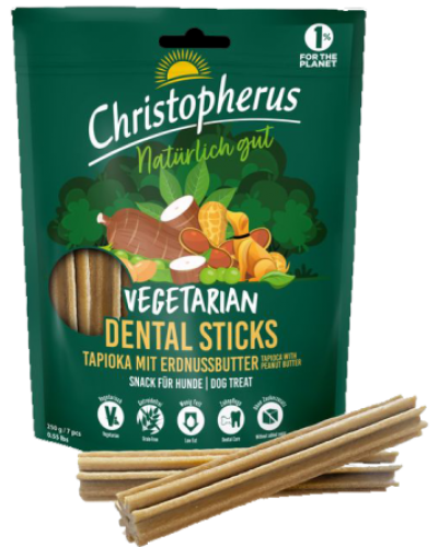 CHRISTOPHERUS DOG VEGETARIAN DENTAL STICK TAPIOCA with PEANUT BUTTER 250GR