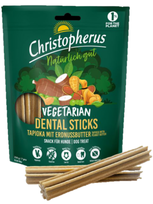 CHRISTOPHERUS DOG VEGETARIAN DENTAL STICK TAPIOCA with PEANUT BUTTER 250GR